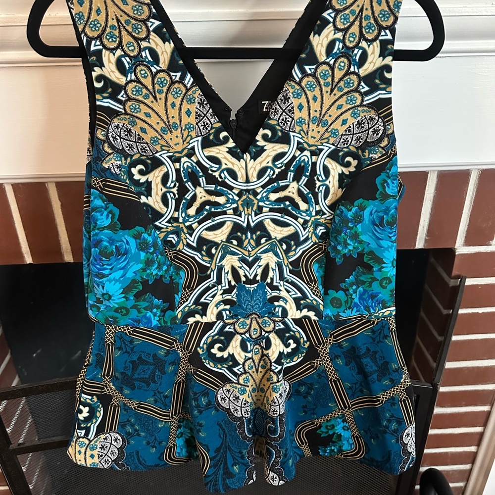 Jeweled tones Elegant Blue and Black Patterned Women's Top